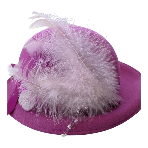 Vintage Bollman Doeskin 100%Wool Felt Hat Fascinator Pink Fuschia Feather Ribbon - Picture 3 of 9